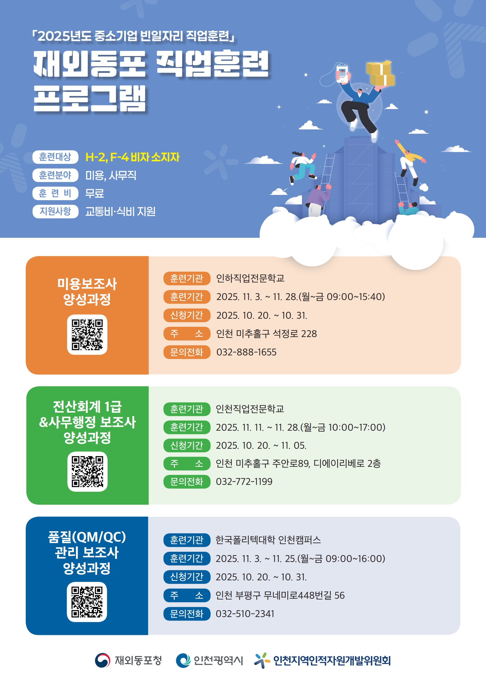 2025년도 중소기업 빈일자리 직업훈련 / 재외동포 직업훈련 프로그램 / 훈련대상 / H-2, F-4 비자 소지사 / 훈련분야 / 미용, 사무직 / 훈련비 / 무료 / 지원사항 / 교통비,식비 지원 / 미용보조사 양성과정 / 훈련기관 / 인하직업전문학교 / 훈련기간 / 2025. 11. 3 ~ 11.28.(월-금 09:00~15:40) / 신청기간 / 2025. 10.20. ~ 10. 31. / 주소 / 인천 미추홀구 석정로 228 / 문의전화 / 032-888-1655 / 전산회계 1급&사무행정 보조사 양성과정 / 훈련기관 / 인천직업전문학교 / 훈련기간 / 2025. 11. 11. ~ 11. 28(월~금 110:00~17:00) / 신청기간 / 2025. 10. 20. ~ 11. 05. / 주소 / 인천 미추홀구 주안로89, 디에이리베로 2층 / 문의전화 032-7772-1199 / 품질(QM/AC)관리 보조사 양성과정 / 훈련기관 / 한국폴리텍대학 인천캠퍼스 / 훈련기간/ 2025. 11. 3. ~ 2025. 11. 25.(월~금 09:00~16:00) / 신청기간 / 2025. 10. 20. ~ 10. 31 / 주소 / 인천 부평구 무네미로448번길 56 / 문의전화 / 032-510-2341