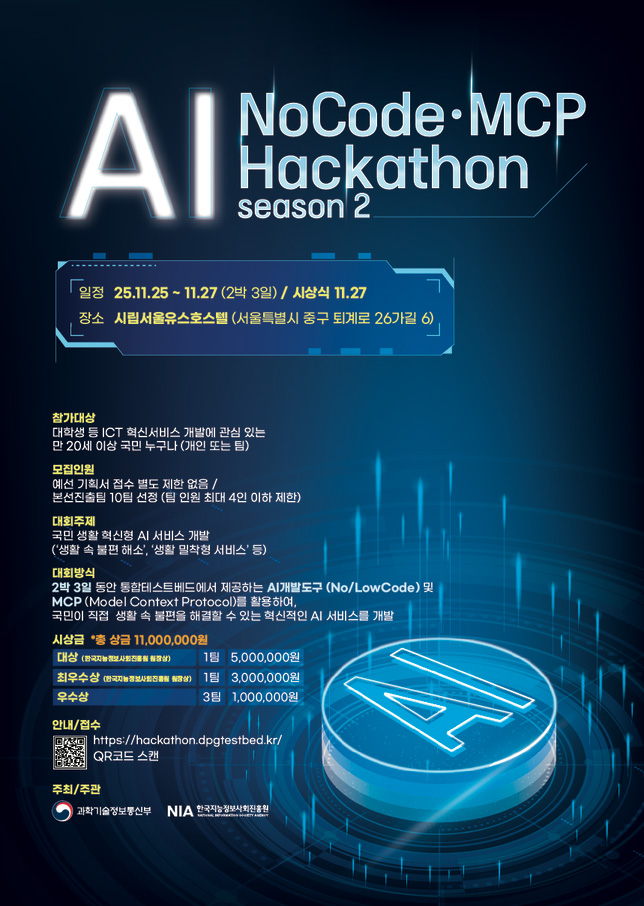 AI NoCode MCP Hackathon season 2 / 일정 / 25. 11. 25 ~ 11. 27 (2박3일) /  시상식 11.27 / 장소 / 시립서울유스호스텔(서울특별시 중구 퇴계로 26가길 6) / 참가대상 / 대학생 등 ICT 혁신 서비스 개발에 관심 있는 만 20세 이상 국민 누구나 (개인 또는 팀) / 모집인원 / 예선 기획서 접수 별도 제한 없음 / 본선 진출팀 10팀 선정 (팀 인원 최대 4인 이하 제한) / 대회주제 / 국민 생활 혁신형 AI 서비스 개발 / ('생활 속 불편 해소', '생활 밀착형 서비스' 등) / 대회방식 / 2박 3일 동안 통합테스트베드에서 제공하는 AI개발도구 (No/LowCode) 및 MCP(Model Context Protocol)를 활용하여, 국민이 직접 생활 속 불편을 해결할 수 있는 혁신적인 AI 서비스를 개발 / 시상금 / *총 상금 11,000,000원 / 대상 (한국지능정보사회진흥원 원장상) / 1팀 / 5,000,000원 / 최우수상(한국지능정보사회진흥원 원장상) / 1팀 / 3,000,000원 / 우수상 / 3팀 / 1,000,000원 / 안내,접수 / https://hackathon.dpgtestbed.kr/ 주최,주관 / 과학기술정보통신부 / NIA 한국지능정보사회진흥원