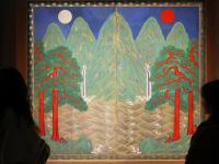 An irworobongdo, a traditional folding screen showing the sun, moon and five mountain peaks representing the king of the Joseon Dynasty (1392-1910), is shown on Feb. 25 at the reopened Calligraphy and Painting Gallery of the National Museum of Korea in Seoul's Yongsan-gu District. (Lee Jeongwoo)